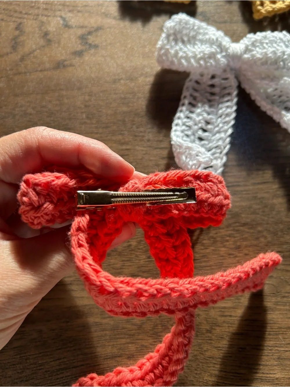 Crochet Bow Headband for Kids — Mustard, White & Coral